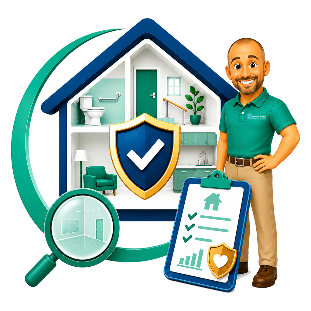 An Aging In The Comfort Of Home safety evaluator beside a cutaway home showing grab bars, handrails, and accessibility features, a home-safety checklist, and a shield with a checkmark, representing the free C-Easy&trade; Safe Home Evaluation