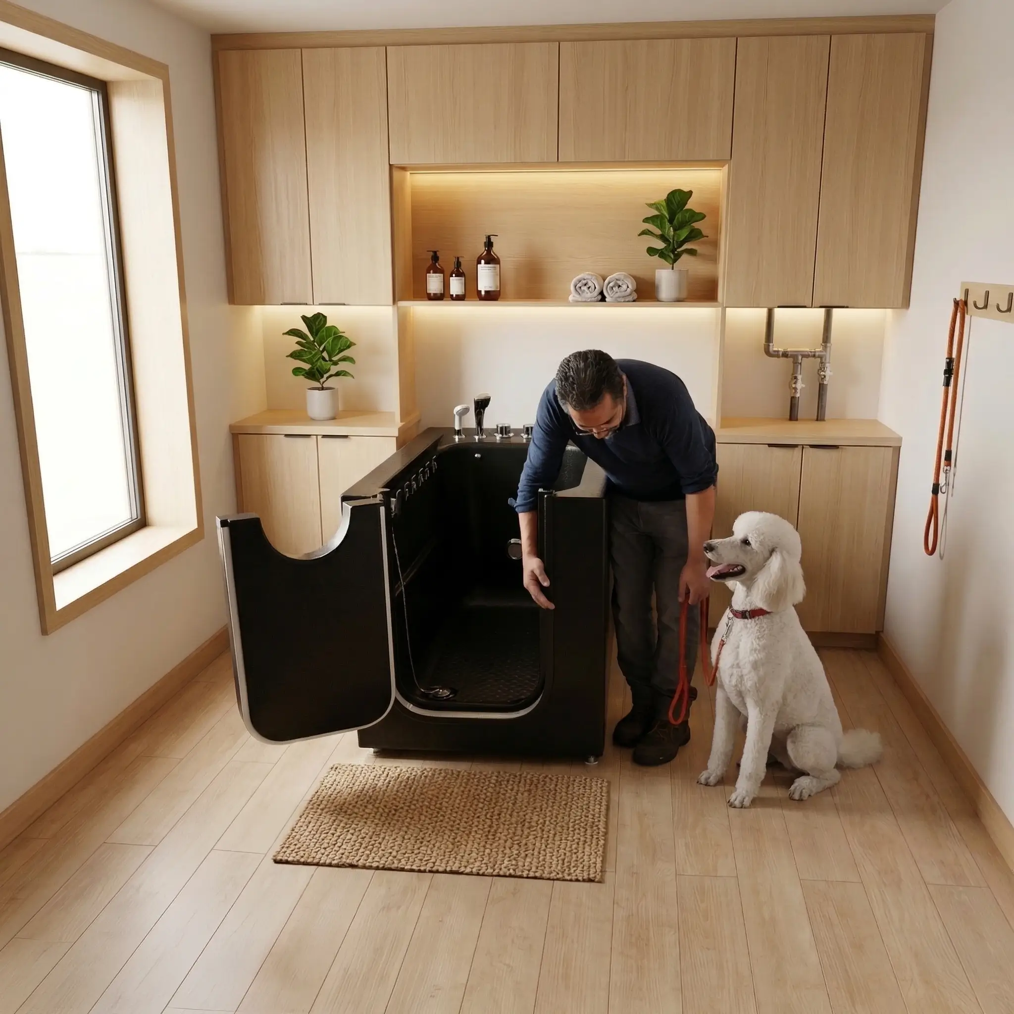 Homeowner relaxing at home beside an accessible walk-in tub with his dog