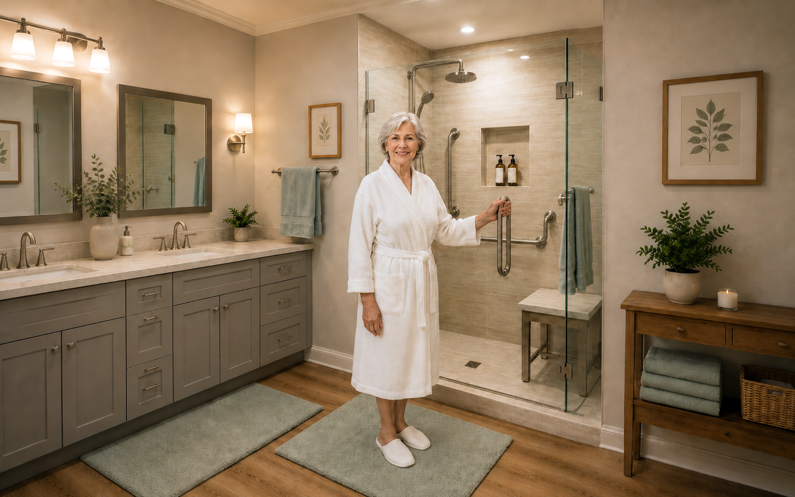 Smiling senior woman in a robe beside a walk-in shower with grab bars in a modern accessible bathroom by Aging In The Comfort Of Home®