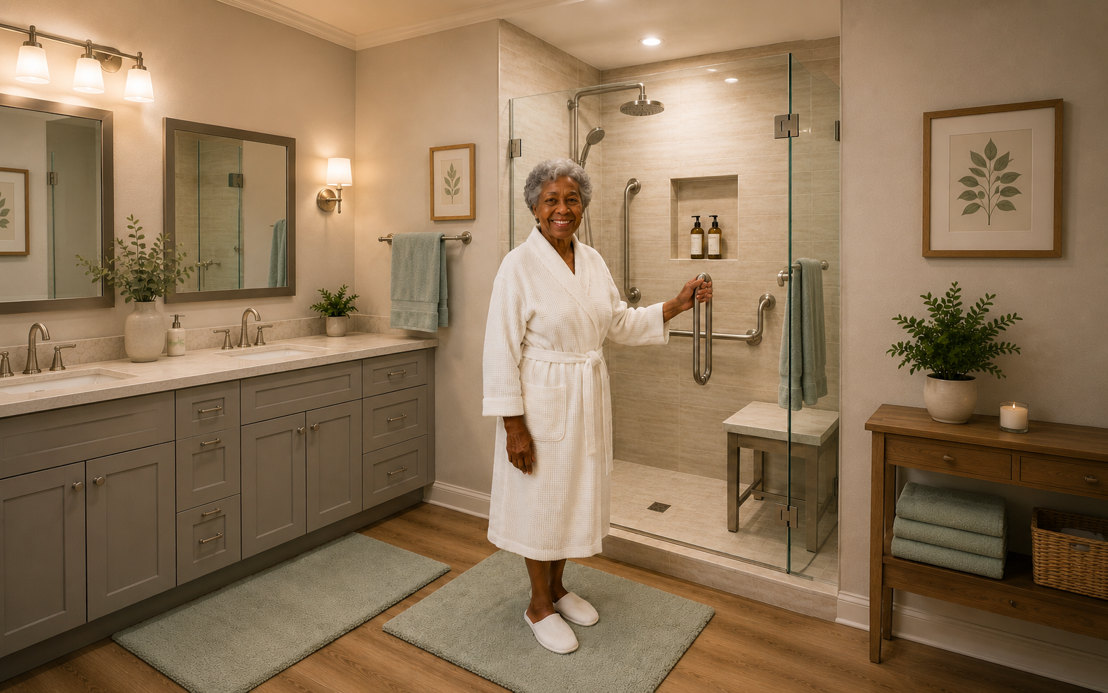 Smiling senior woman in a robe beside a walk-in shower with grab bars in a modern accessible bathroom by Aging In The Comfort Of Home