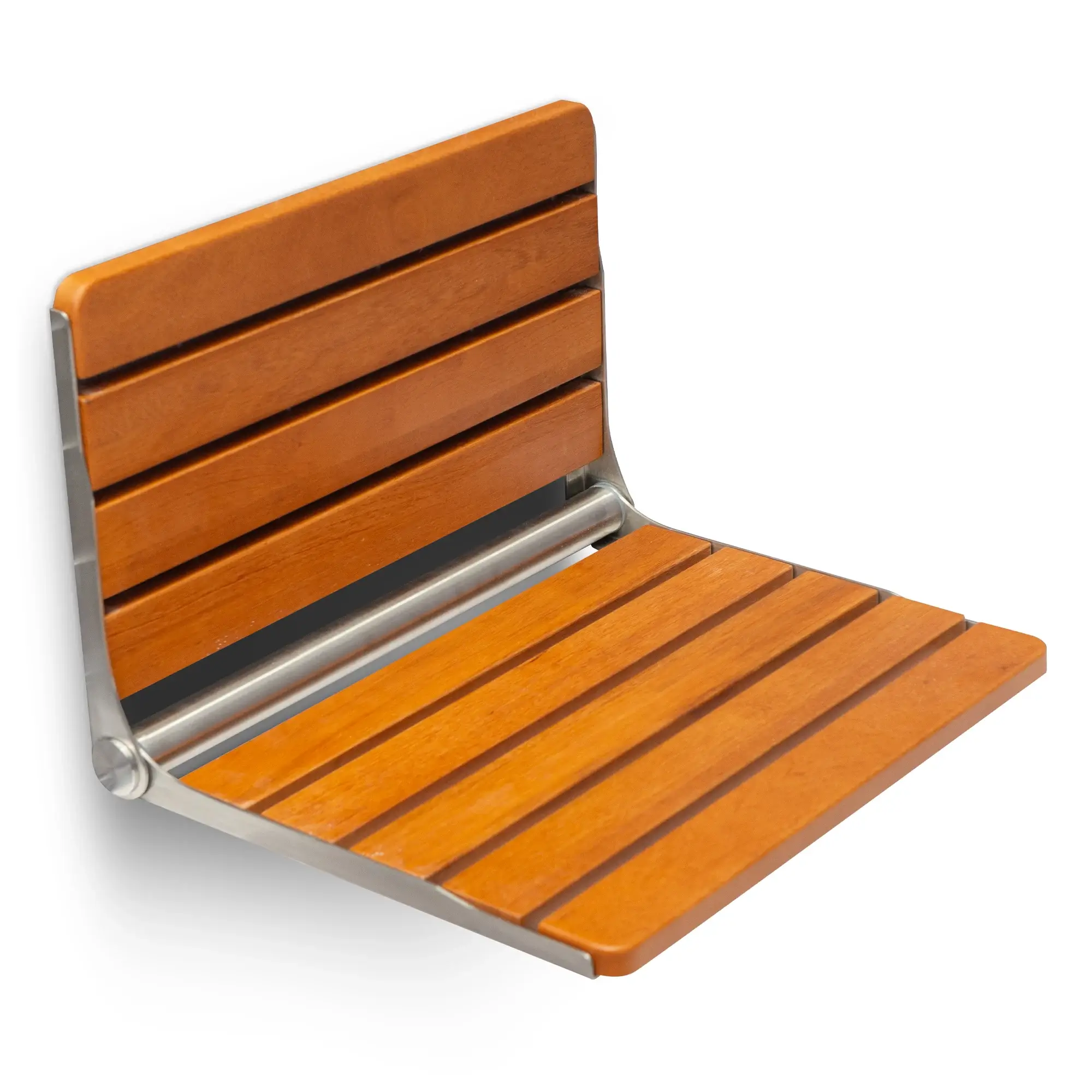 Teak fold-down shower seat, part of a bathroom safety package