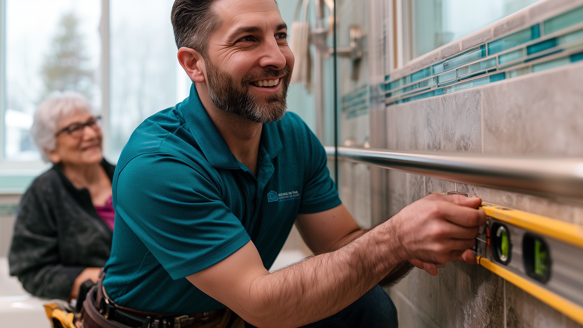 Aging In The Comfort Of Home® aging-in-place bathroom remodel with a walk-in shower and grab bars