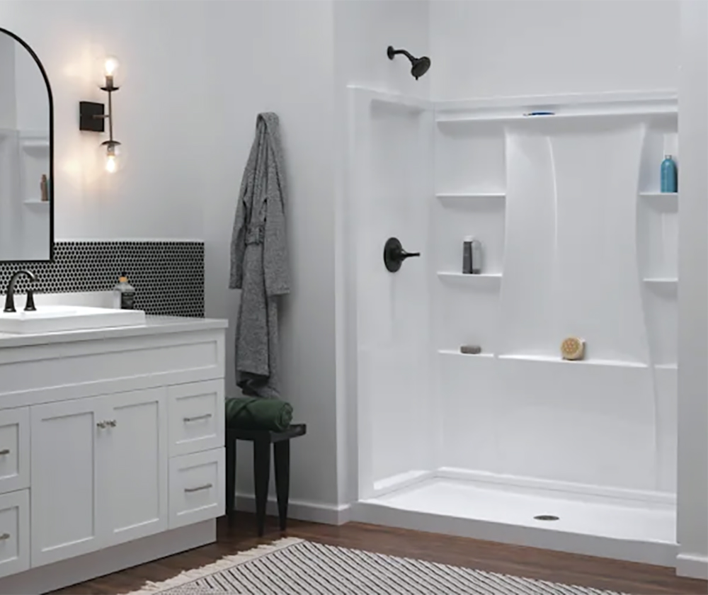Tub-to-shower conversion with safer entry and aging-in-place features