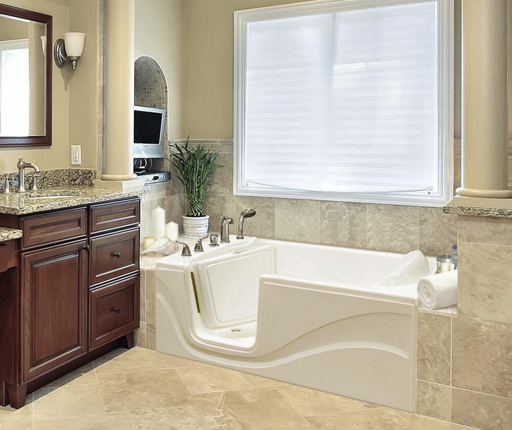 Walk-in tub with seated bathing and easier access