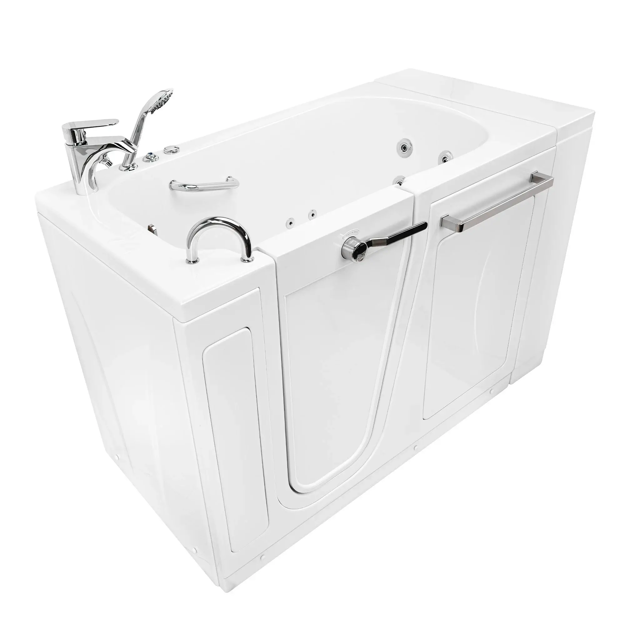 Walk-in tub with a low step-in door and a built-in seat
